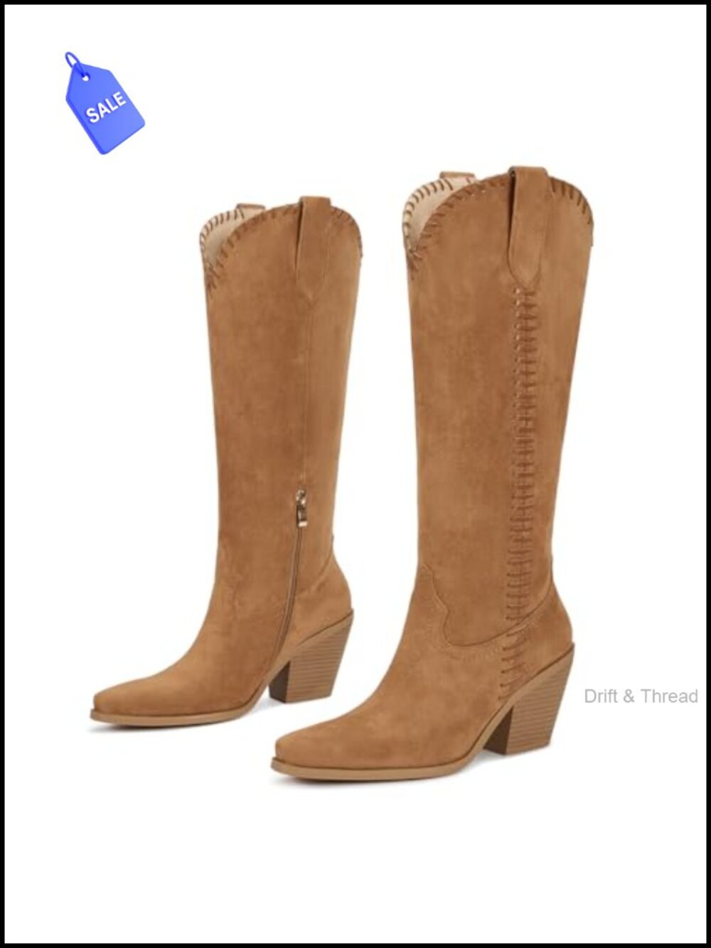 Faux Suede Knee High Cowboy Boots 3.07 Inch Chunky Block Heel Side Zip